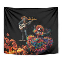 Black Dia de los Muertos tapestry featuring guitarist skeleton and catrina with colorful skirt