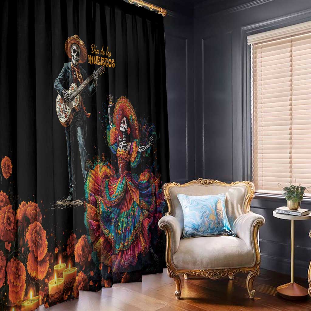 Black window curtains with colorful Catrina figure and skeleton guitarist holding a guitar