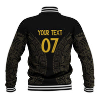Black baseball jacket with striped collar, back YOUR TEXT 07 and aztec pattern sleeves