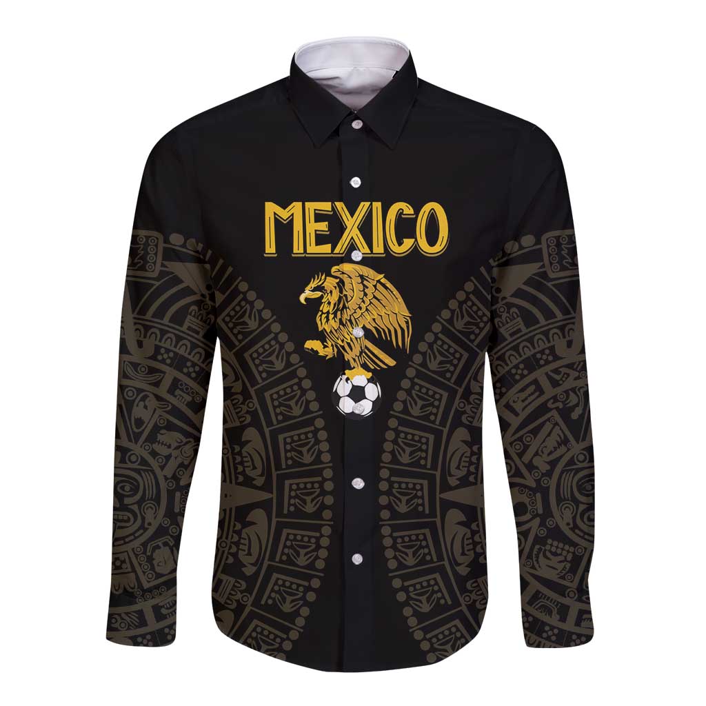 Black long-sleeve button shirt with gold Mexico text and eagle emblem, aztec pattern