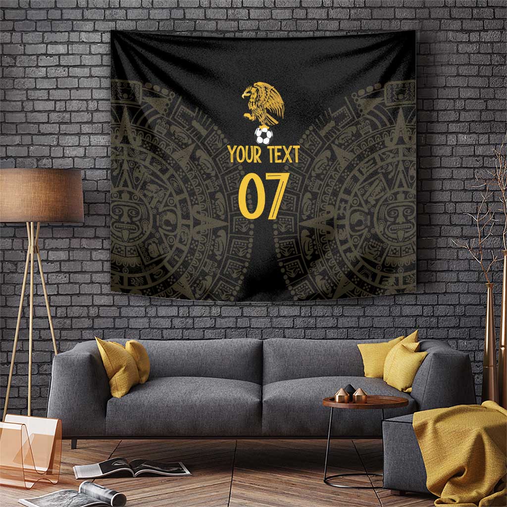 Black football-themed tapestry with Aztec pattern, gold lion, and custom text '07'.