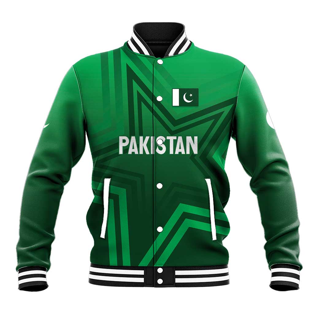 Green baseball jacket front with buttons, 'PAKISTAN' graphic, and ribbed cuffs.