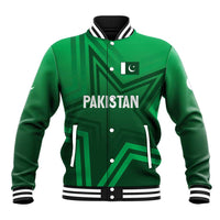 Green baseball jacket front with buttons, 'PAKISTAN' graphic, and ribbed cuffs.