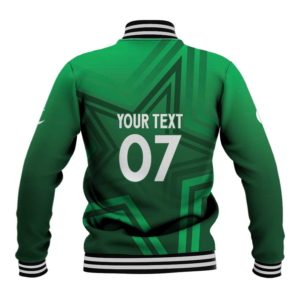 Green baseball jacket with geometric pattern; back print 'YOUR TEXT 07'.