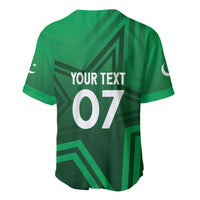 Green cricket baseball jersey back, YOUR TEXT 07 and crescent/star graphic.