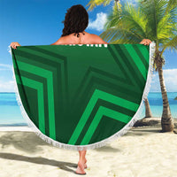 Green round beach blanket featuring Pakistan crest with crescent star, white fringe border