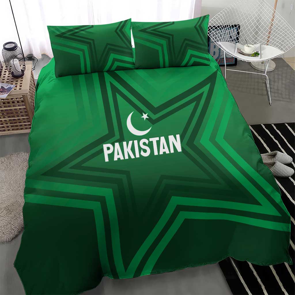 Green bedding set with Pakistan crescent-star emblem and geometric pattern on duvet