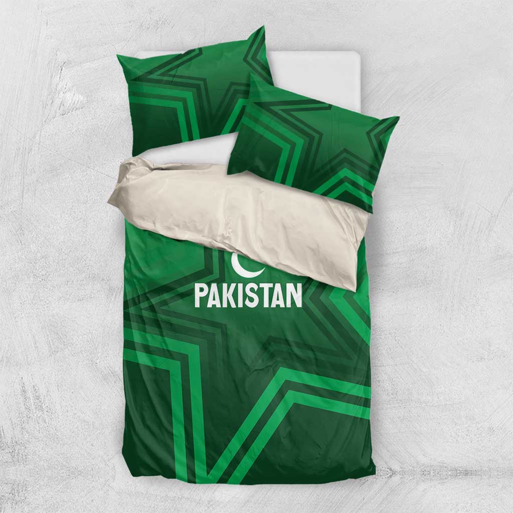 Green duvet bedding set with Pakistan logo, crescent star, and geometric panel pattern