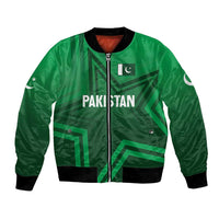 Green bomber jacket with front zipper, Pakistan text, and geometric crest