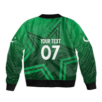 Green bomber jacket with white 07 front graphic and striped star emblem
