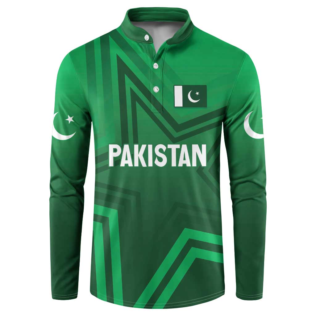 Green Pakistan button sweatshirt with collar, flag patch, long sleeves and star accents