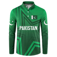 Green Pakistan button sweatshirt with collar, flag patch, long sleeves and star accents