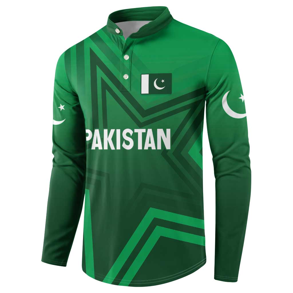 Green Pakistan button sweatshirt with front design, flag patch, and long sleeves