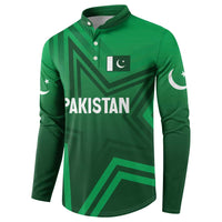Green Pakistan button sweatshirt with front design, flag patch, and long sleeves