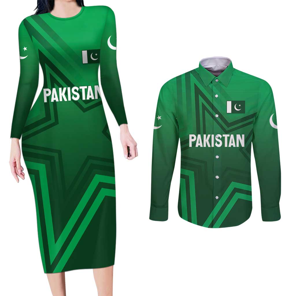 Pakistan Cricket World Cup 2024 Couples Matching Long Sleeve Bodycon Dress and Long Sleeve Button Shirt Star Jersey Inspired LT7 - Wonder Print Shop