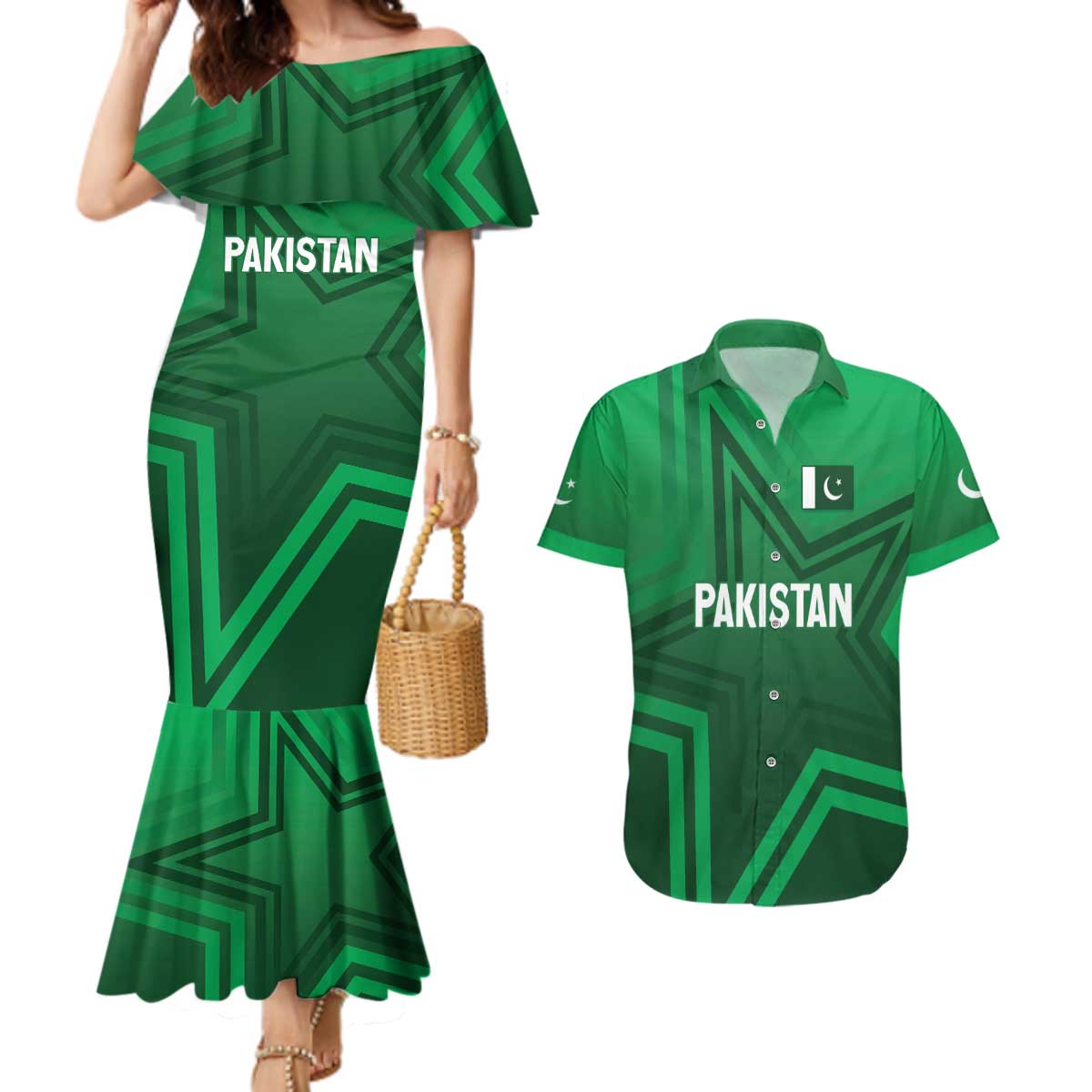 Pakistan Cricket World Cup 2024 Couples Matching Mermaid Dress and Hawaiian Shirt Star Jersey Inspired LT7 - Wonder Print Shop