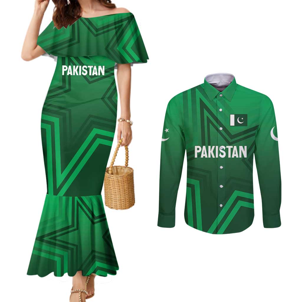 Pakistan Cricket World Cup 2024 Couples Matching Mermaid Dress and Long Sleeve Button Shirt Star Jersey Inspired