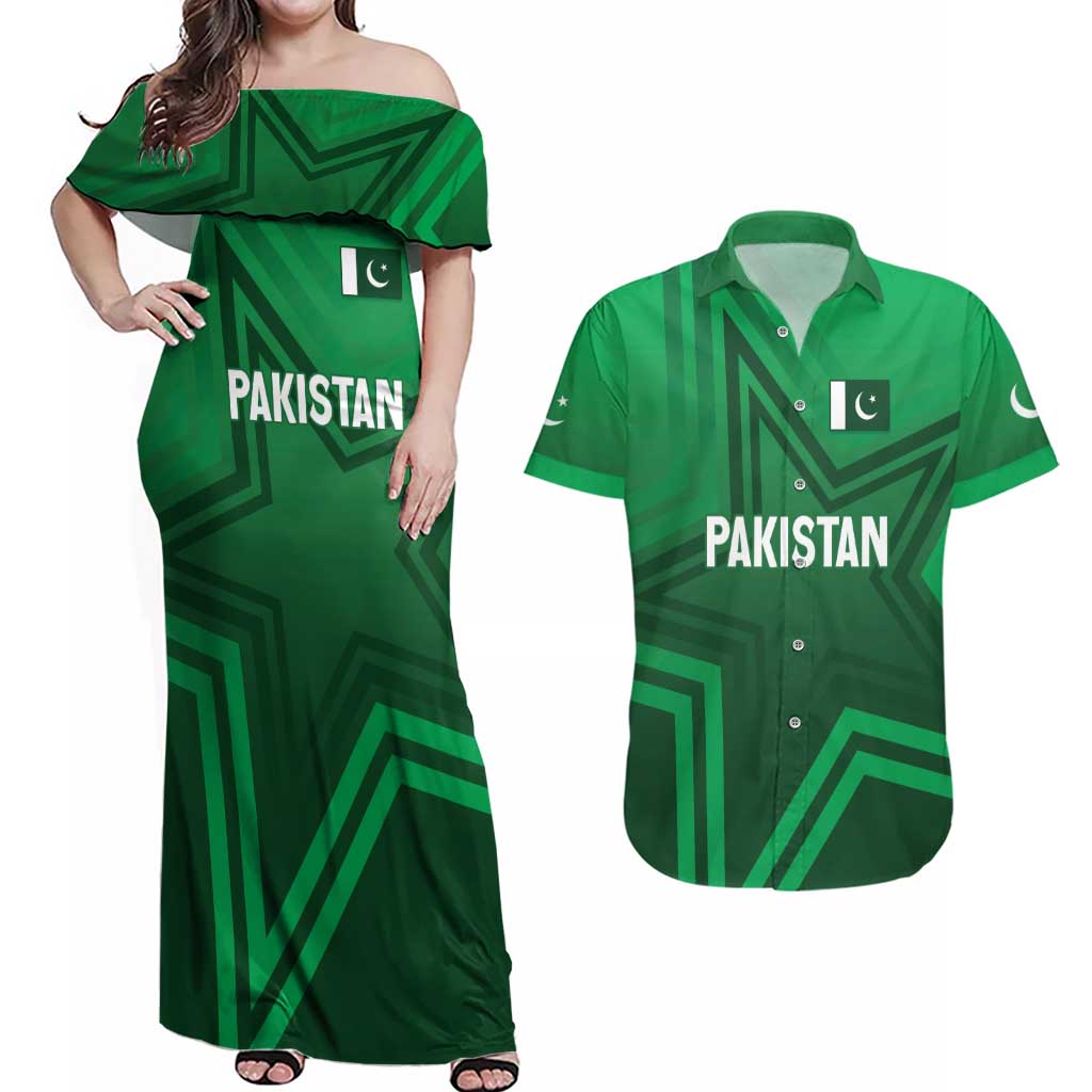 Pakistan Cricket World Cup 2024 Couples Matching Off Shoulder Maxi Dress and Hawaiian Shirt Star Jersey Inspired LT7 - Wonder Print Shop