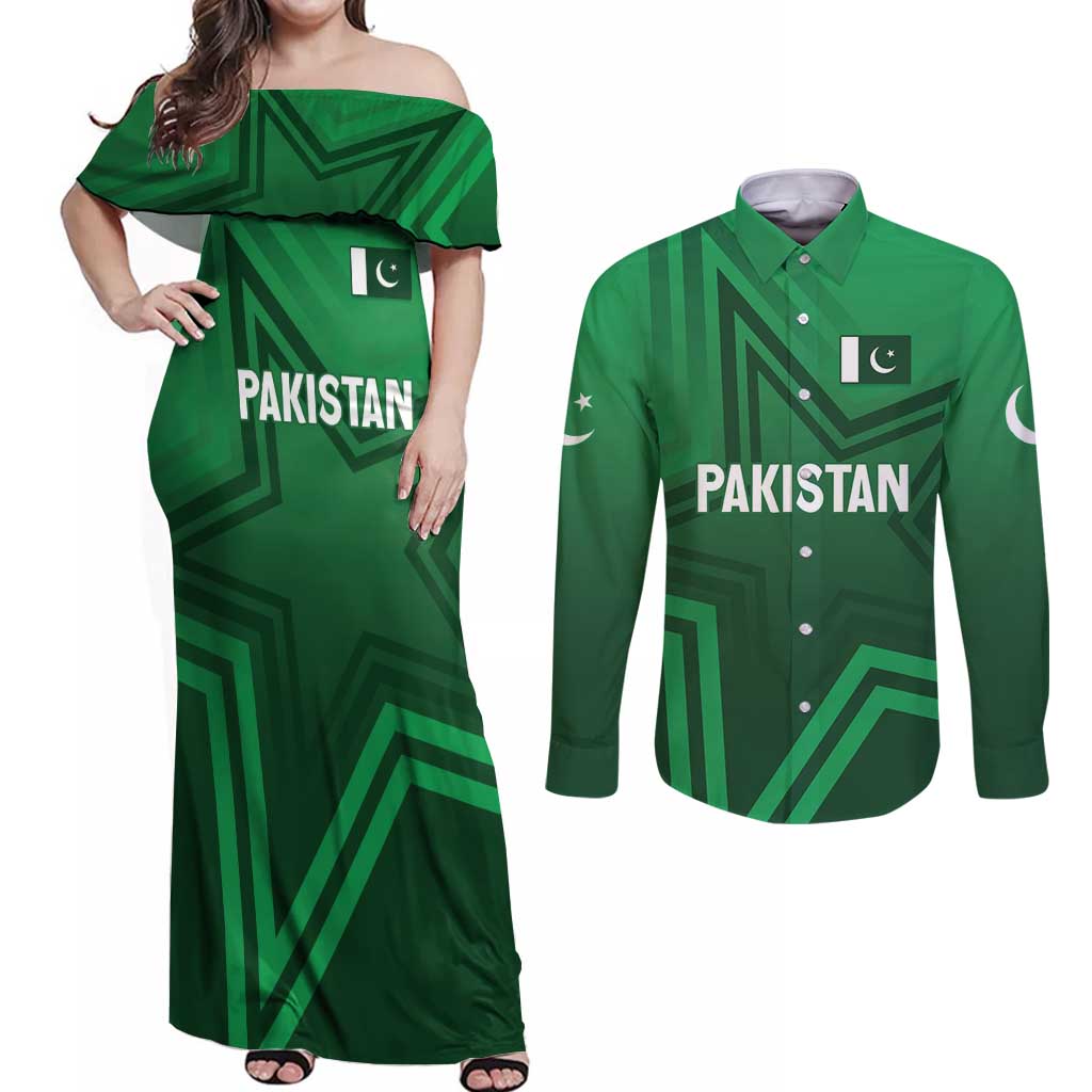 Pakistan Cricket World Cup 2024 Couples Matching Off Shoulder Maxi Dress and Long Sleeve Button Shirt Star Jersey Inspired LT7 - Wonder Print Shop