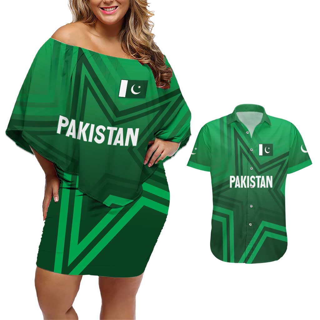 Pakistan Cricket World Cup 2024 Couples Matching Off Shoulder Short Dress and Hawaiian Shirt Star Jersey Inspired LT7 - Wonder Print Shop