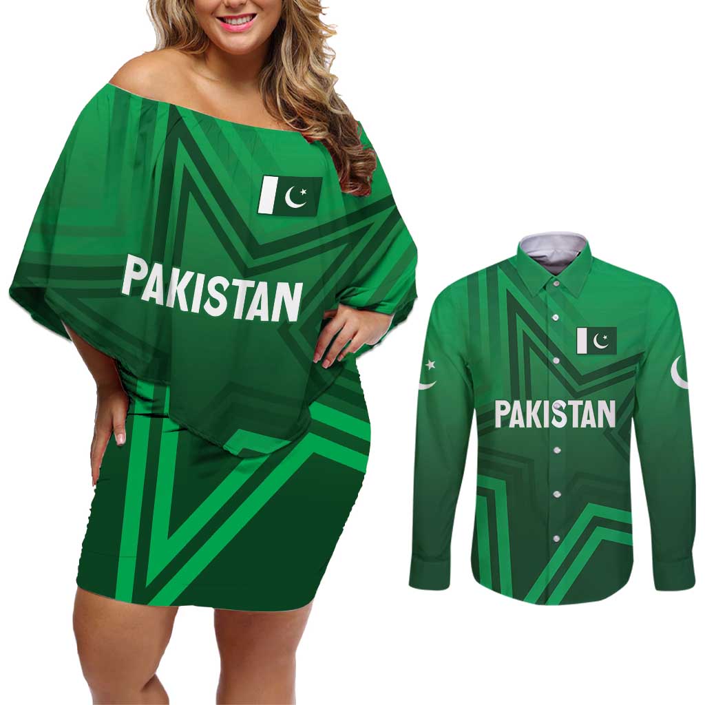 Pakistan Cricket World Cup 2024 Couples Matching Off Shoulder Short Dress and Long Sleeve Button Shirt Star Jersey Inspired LT7 - Wonder Print Shop