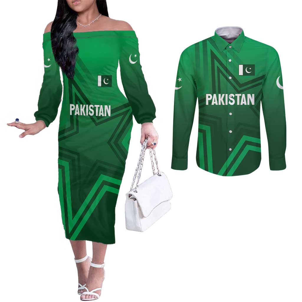 Pakistan Cricket World Cup 2024 Couples Matching Off The Shoulder Long Sleeve Dress and Long Sleeve Button Shirt Star Jersey Inspired