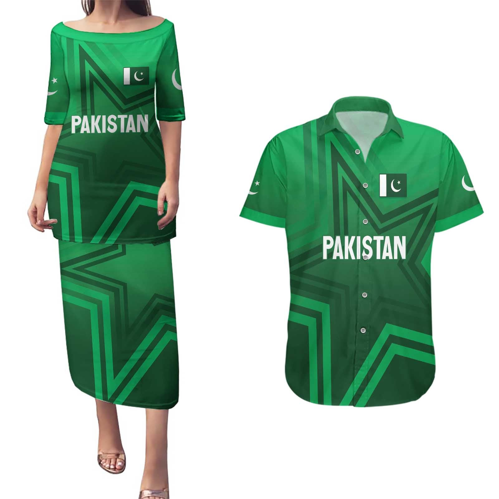 Pakistan Cricket World Cup 2024 Couples Matching Puletasi and Hawaiian Shirt Star Jersey Inspired LT7 - Wonder Print Shop