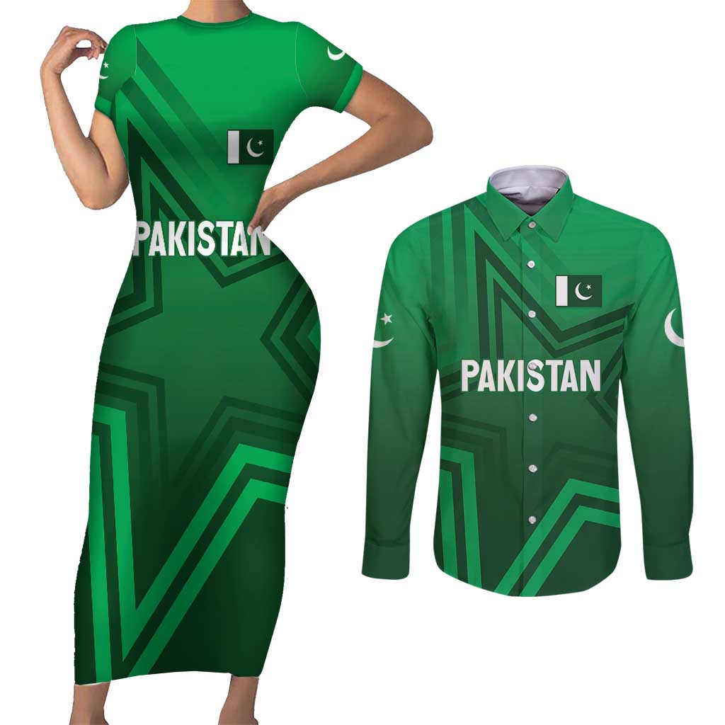 Pakistan Cricket World Cup 2024 Couples Matching Short Sleeve Bodycon Dress and Long Sleeve Button Shirt Star Jersey Inspired LT7 - Wonder Print Shop