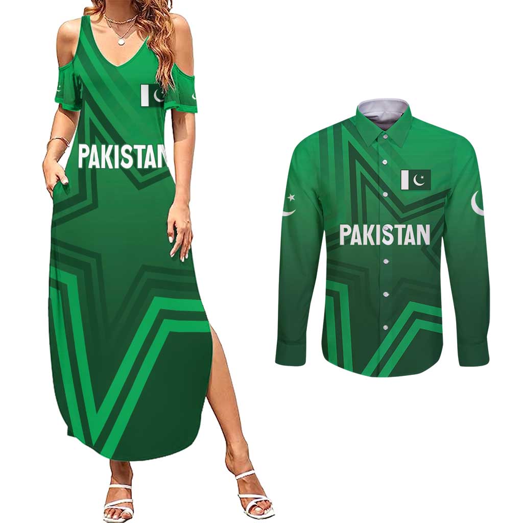 Pakistan Cricket World Cup 2024 Couples Matching Summer Maxi Dress and Long Sleeve Button Shirt Star Jersey Inspired LT7 - Wonder Print Shop