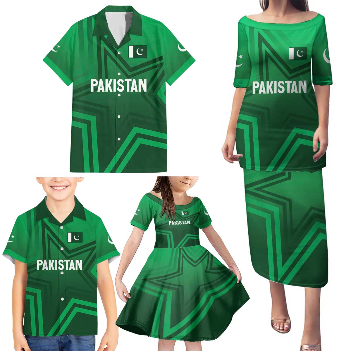 Pakistan Cricket World Cup 2024 Family Matching Puletasi and Hawaiian Shirt Star Jersey Inspired - Wonder Print Shop