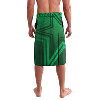 Green graphic athletic shorts with elastic waistband and vertical pattern, back view