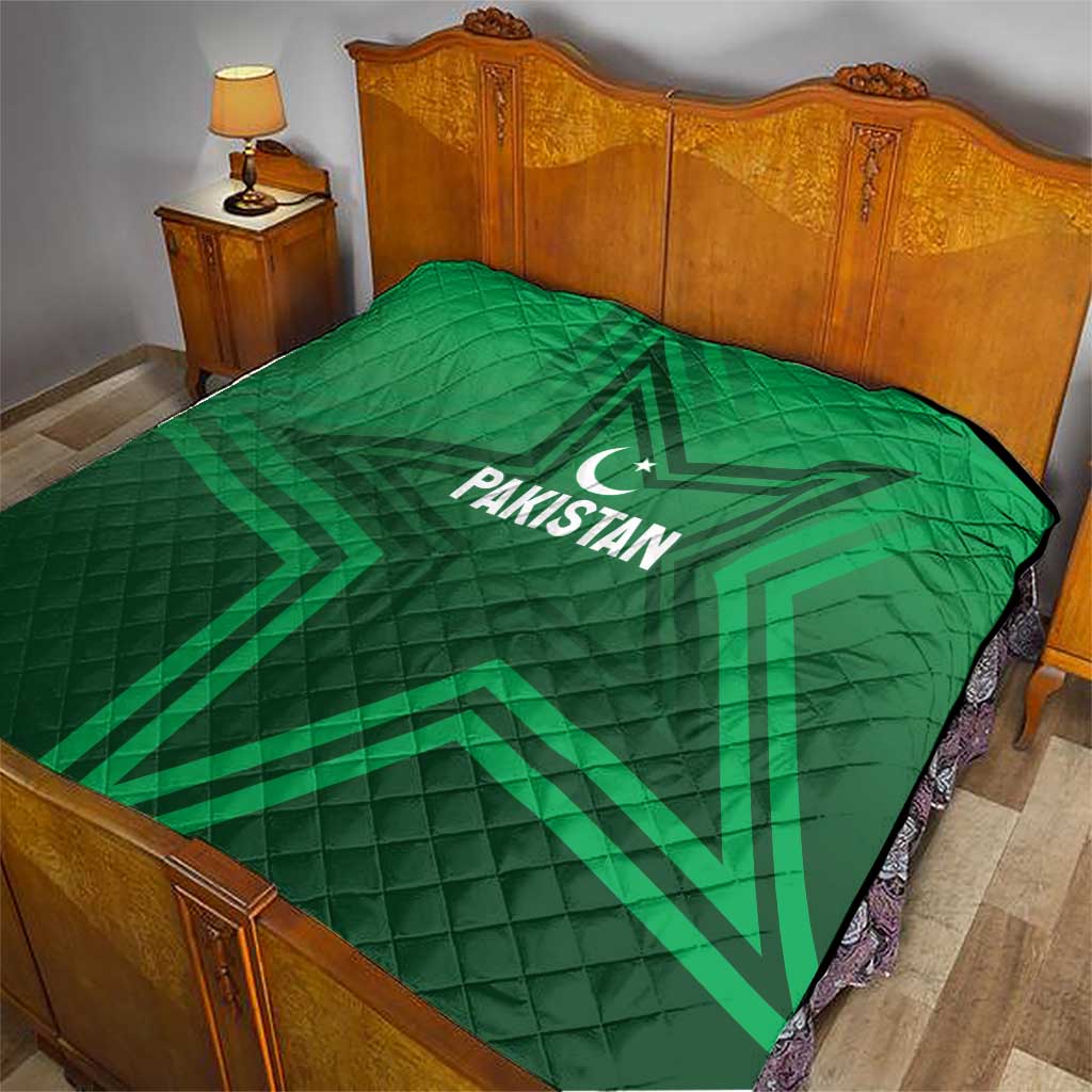 Green Pakistan quilt blanket with star emblem and Pakistan text, quilted diamond pattern