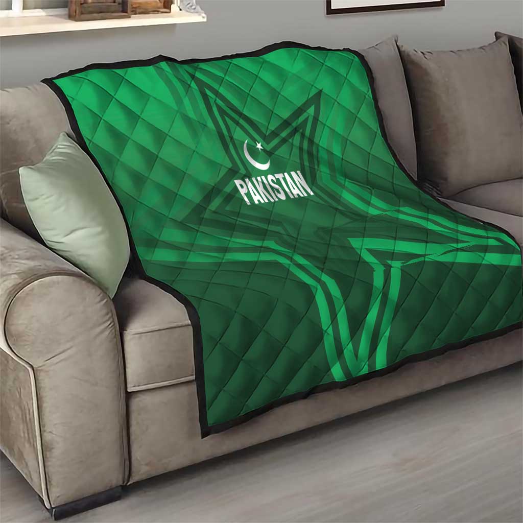 Green Pakistan quilt blanket with star emblem and Pakistan lettering, quilted diamond design