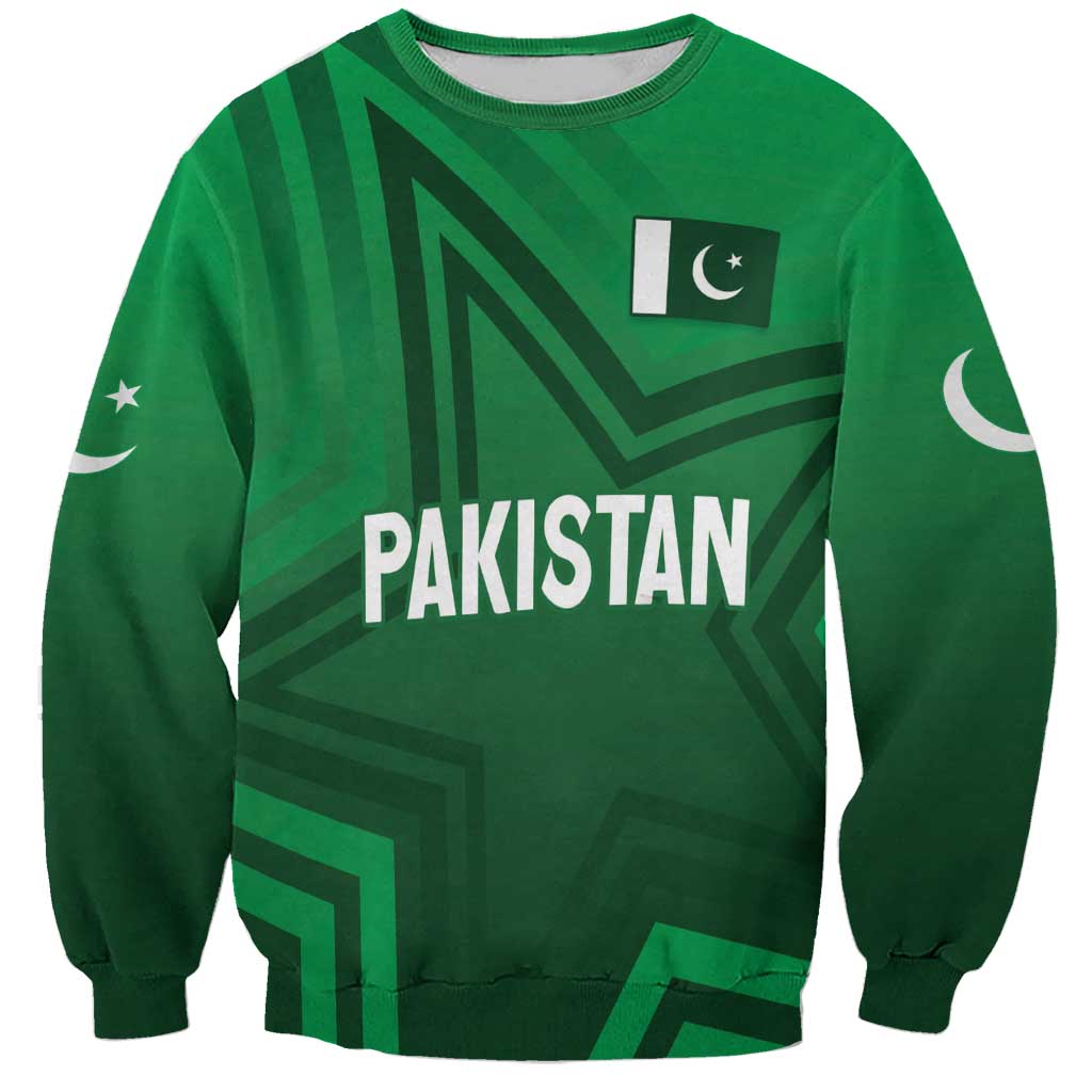 Green sweatshirt with 'PAKISTAN' logo, flag badge, crew neck and long sleeves