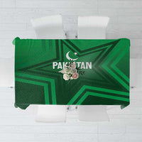 Green Pakistan tablecloth with geometric stripes and Pakistan emblem at center