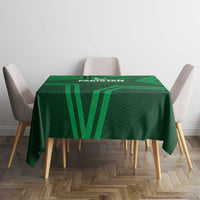 Green Pakistan tablecloth on square table with geometric stripe logo panel