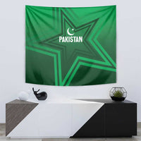 Green Pakistan star tapestry with crescent and "PAKISTAN" text centered.