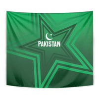 Green Pakistan star tapestry with crescent moon, "PAKISTAN" text, and geometric stripes.