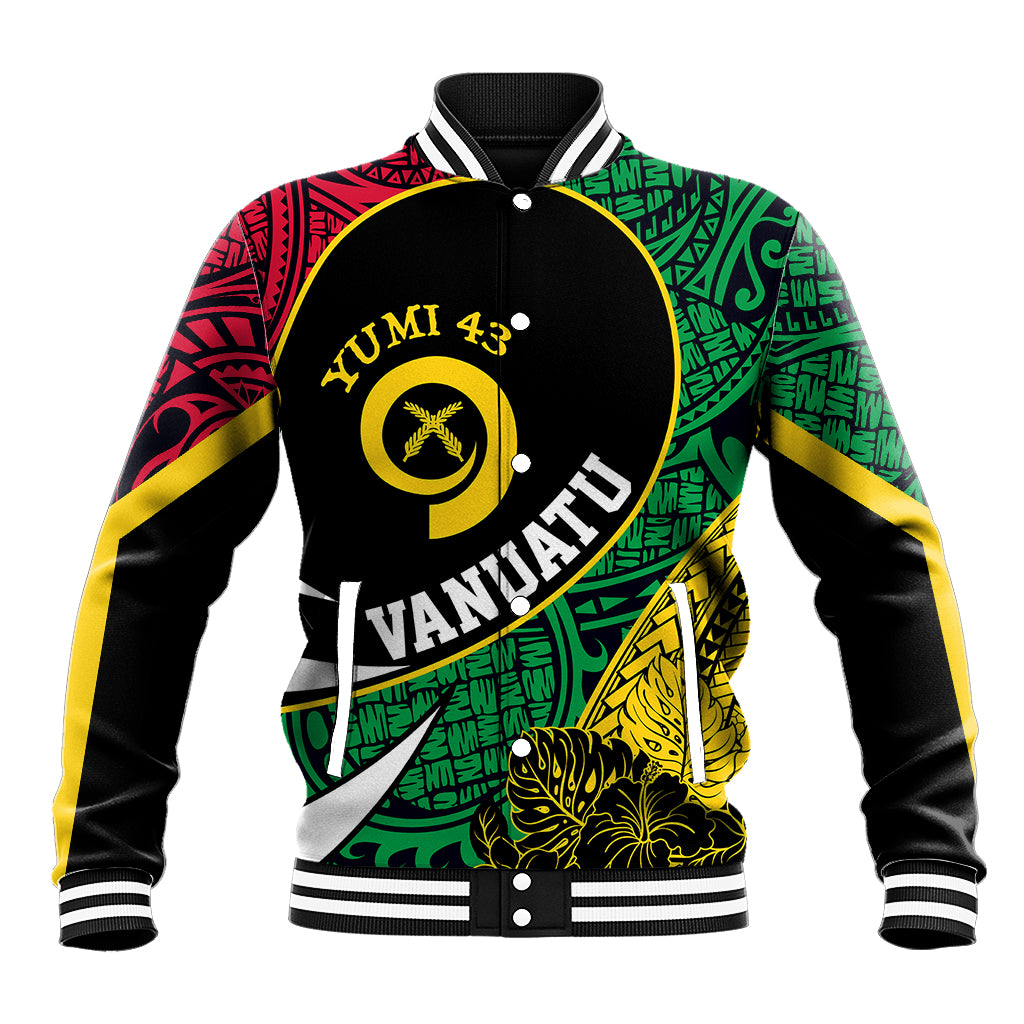 Baseball jacket with black sleeves, green and red pattern, yellow trim, ribbed cuffs