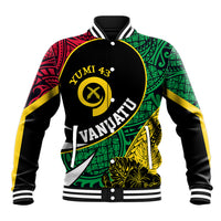 Baseball jacket with black sleeves, green and red pattern, yellow trim, ribbed cuffs