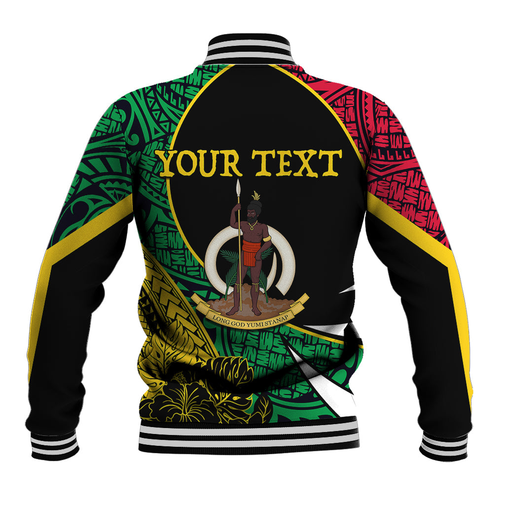 Back view baseball jacket with black center, yellow graphic, green red pattern, striped collar