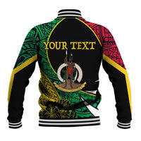 Back view baseball jacket with black center, yellow graphic, green red pattern, striped collar
