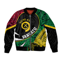Unisex bomber jacket with black base, colorful Vanuatu-style graphic panels, front zipper