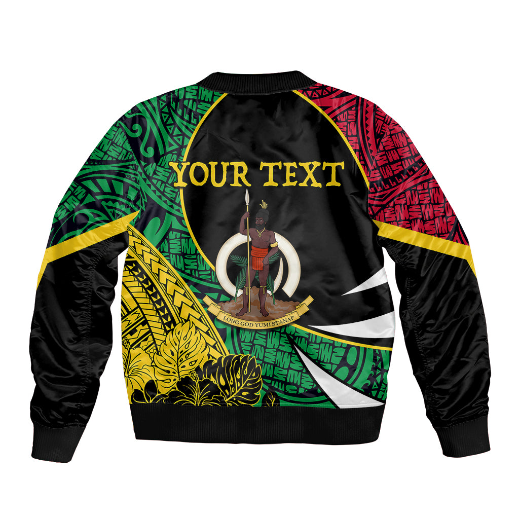 Unisex bomber jacket with 'YOUR TEXT' center warrior graphic, front zipper