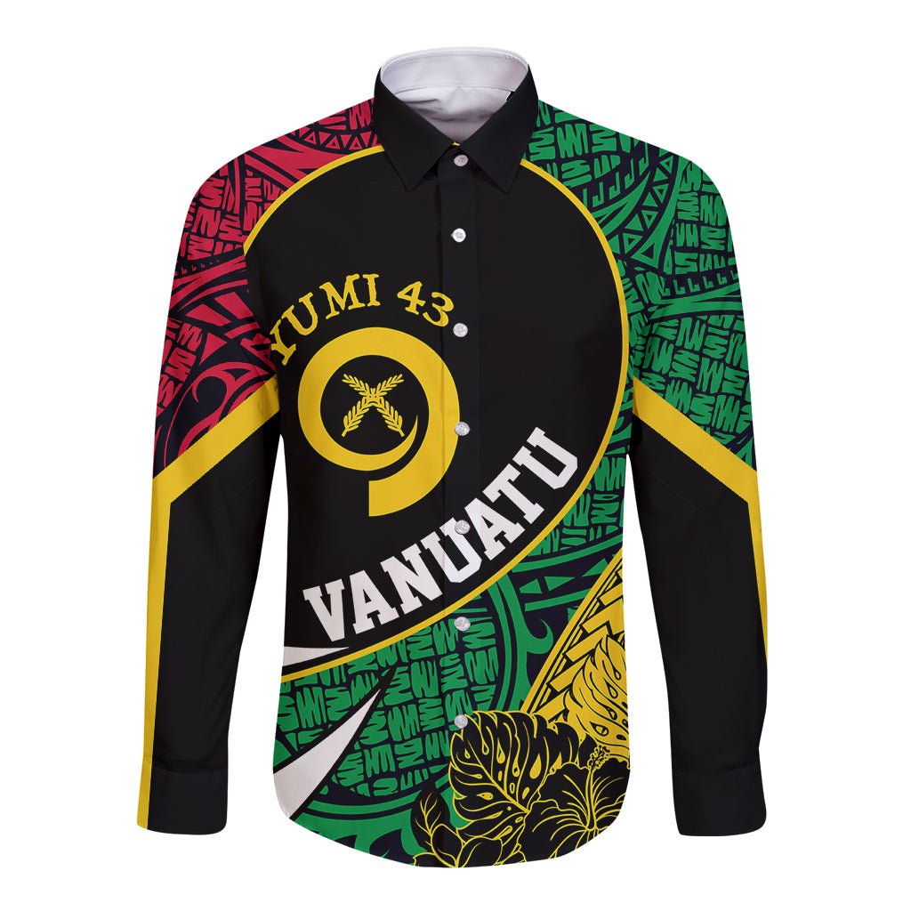 Unisex long sleeve button shirt with black front and multicolor Independence Day graphic