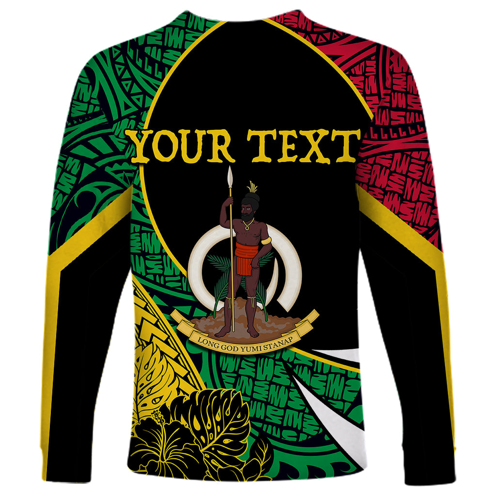 Long-sleeve shirt back: black with green/red tribal print, gold 'YOUR TEXT' and figure