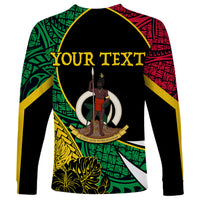 Long-sleeve shirt back: black with green/red tribal print, gold 'YOUR TEXT' and figure