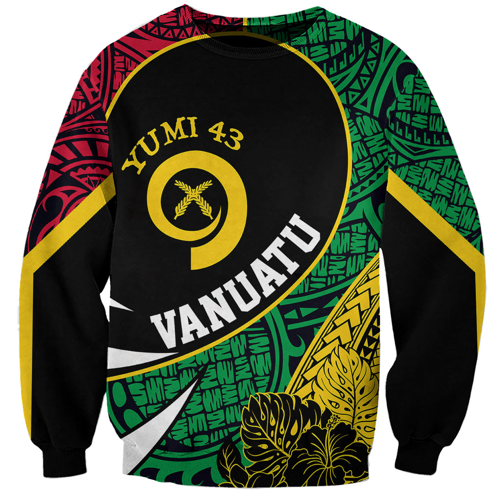 Unisex crewneck sweatshirt with black base and colorful circular Yumi 43 graphic