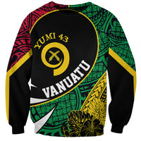 Unisex crewneck sweatshirt with black base and colorful circular Yumi 43 graphic