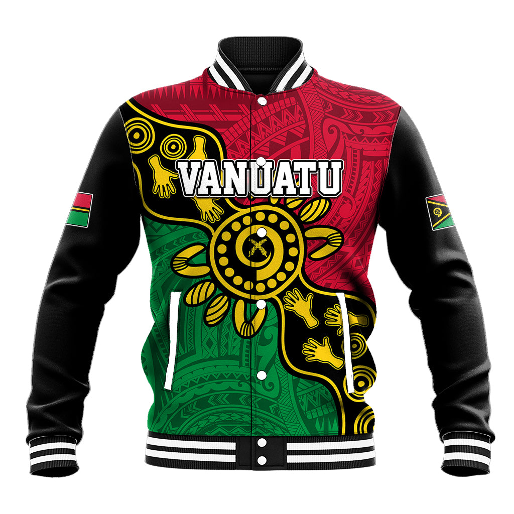 Personalised baseball jacket with red green Aboriginal dot art and VANUATU graphic